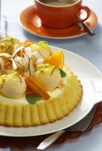 Butter milk and mascarpone tart with mango and passion fruit ice cream scoops Biscuits recipe