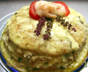 Rapid pancakes cake with tuna crab blue cheese and arugula Other recipe