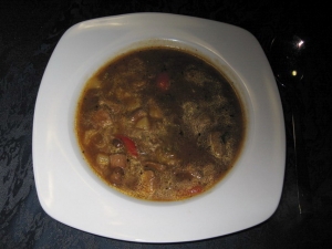 Goulash soup with chanterelle mushrooms and peppers