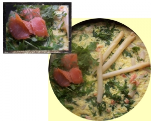 Salmon with arugula and asparagus Omelette