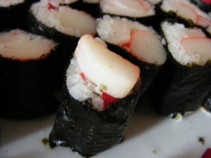 Sushi creations with surimi and radishes