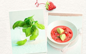 Strawberry soup with basil mousse