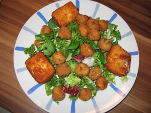 Winter salads with fried mushrooms and fried cheese