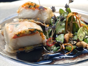 Turbot Baked In Rice Paper With Snow Peas And Cashew Nut Soy Sauce