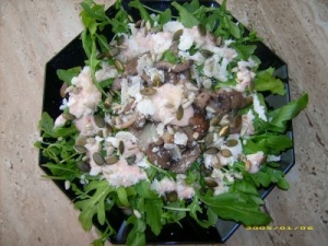 Arugula Salad With Mushrooms Parmesan And Sweetspicy Chilicheese Sauce