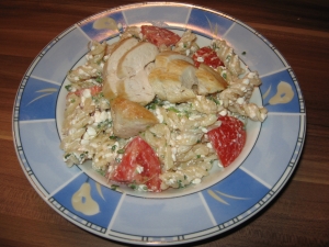 Fusilli Pasta Salad With Chicken Breast And Arugula Sprouts