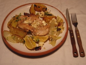 Lemon chicken from the plate with potatoes and feta cheese Sheet Cake recipe