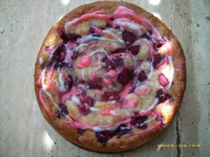 Raspberryyogurt cake with a colorful cast spelled Cake recipe