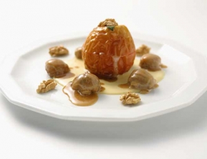 Baked Apples with glazed chestnuts with vanilla sauce
