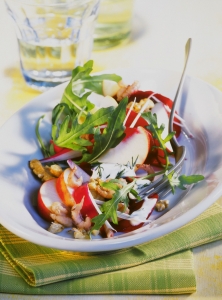 Beet salad with arugula walnuts and shrimp