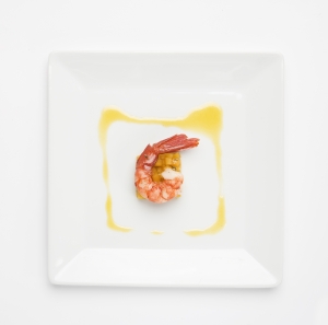 Carabinieros cooked in olive oil with pumpkin orange and lavender vinaigrette