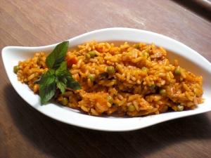Chilli and tomato rice with peas and mint