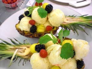 Pineapple ice cream served in a pineapple