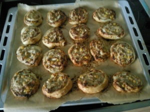 Puff pastry snails with tuna corn and spring onions