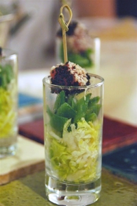 Tuna on pickled vegetables in glass