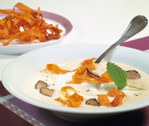 Celery-cream-soup-with-sweet-potato-chips-and-black-truffles