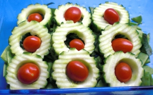 Trek tires salad snow peas cucumber tomato and lettuce