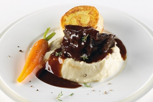 Beef Cheeks With Celery Puree And Fried Potato Roulade