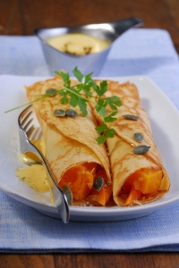 Pancakes With Pumpkin And Carrots In Vegetable Milk Foam
