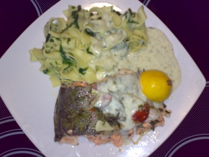 Salmon Trout From The Oven With Spinach Fettuccine And Dillsahnesoe