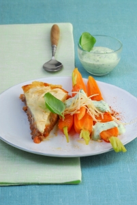 Shepherds Pie With Carrots Bell Peppers In Basil And Cheese Sauce